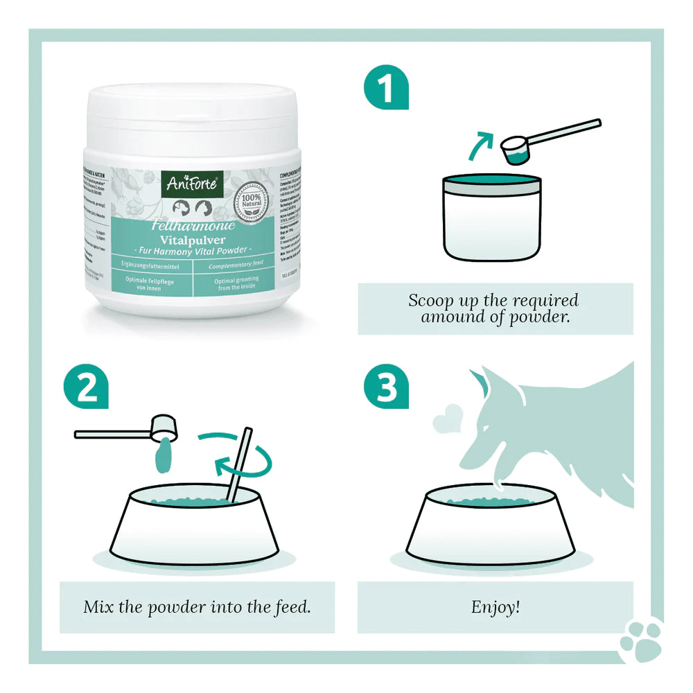 Step by step visual instructions on how to mix AniForte vital powder into dog feed.