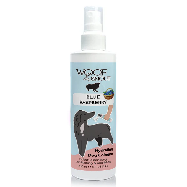 A bottle of Blue Raspberry Woof & Snout Dog Cologne 250ml.
