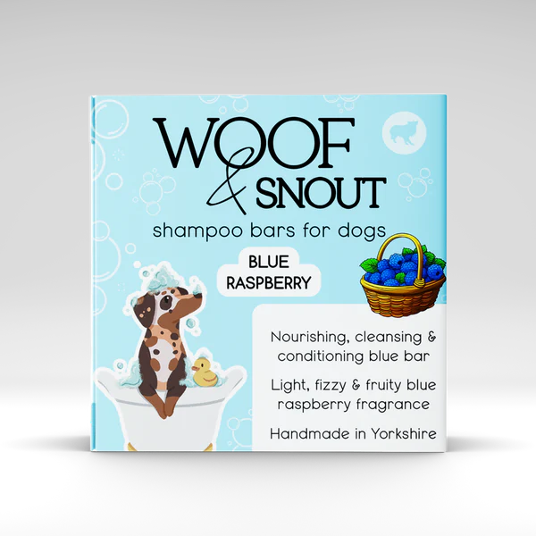 A Blue Raspberry Woof & Snout Dog Shampoo Bar.